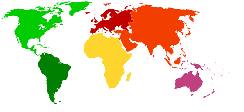 世界地図（大陸別に色分け）